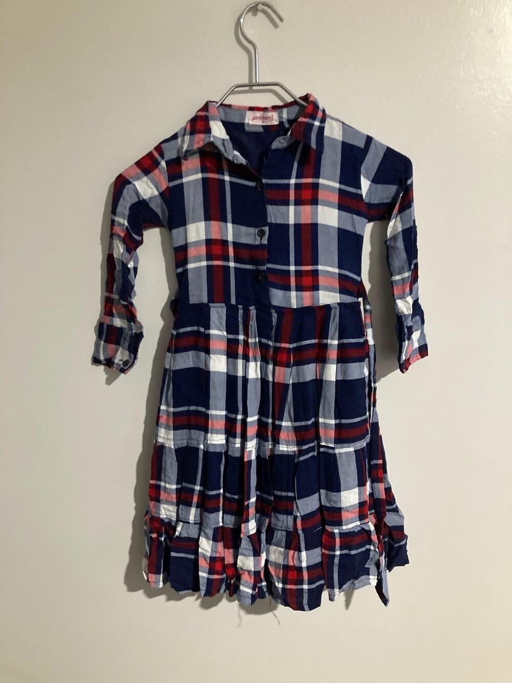 Pinkberry Shirt Dress Girls 8-9 Years Blue Plaid Flannel Collared Button